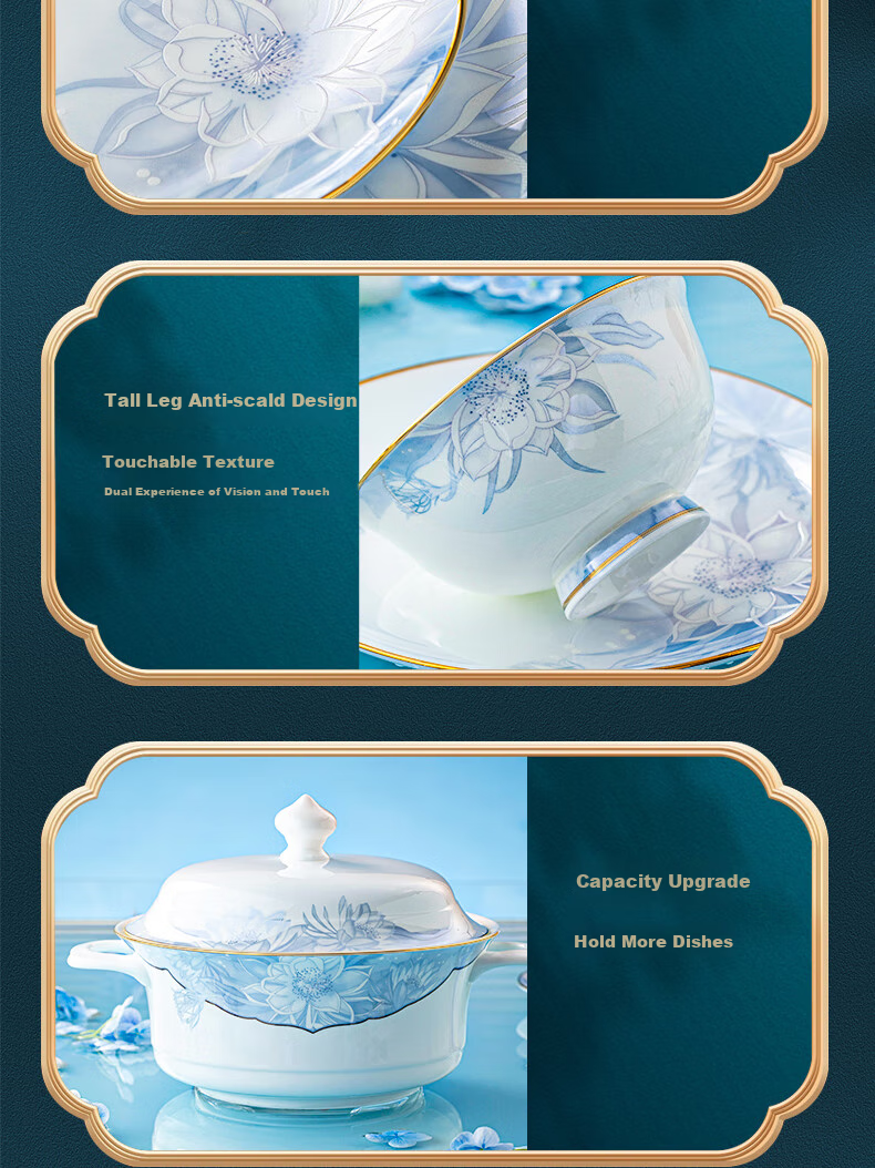 Luowei Jingdezhen Ceramic Dinnerware Set, Housewarming Bowl And Plate Set, Luxury High-End Feel for Home Use, 62-Piece Set 16