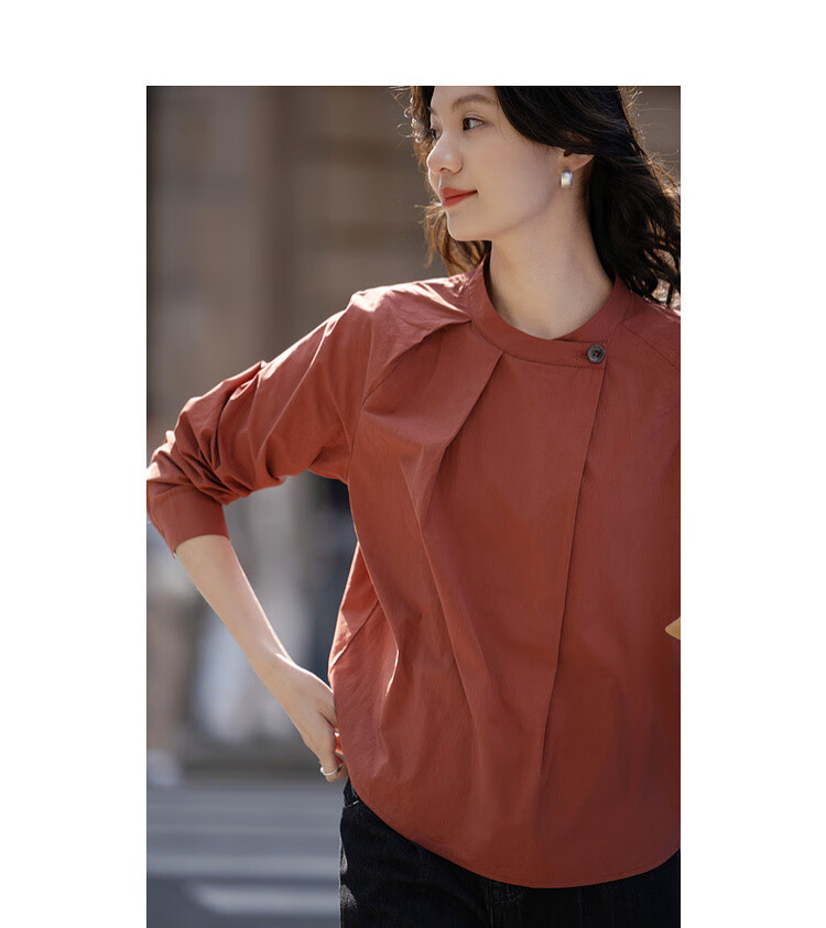 Dme [Pure Cotton Comfort Zone] Spring Chinese-Style New Chic Pleated Round Neck Shirt, Lazy-Fit Blouse Top 2