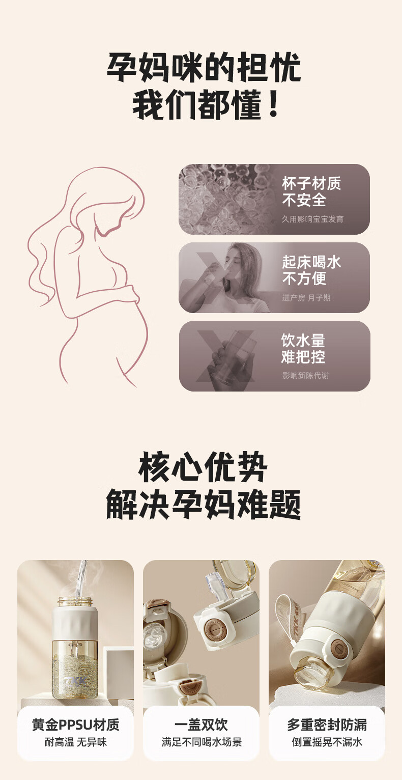 TKK Straw Cup for Pregnant Women And New Mothers, PPSU Water Bottle for Adults to Drink While Lying Down, Food-Grade Plastic Water Bottle for Students And Childre 2