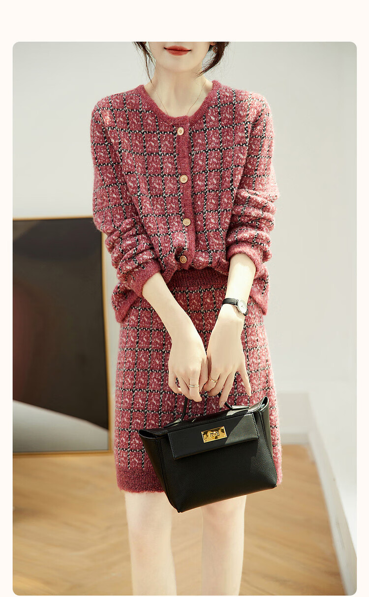 DME Chic Two-Piece Set Spring Autumn Plaid Round Neck Top High Waist A-Line Skirt Women's Fashion 1