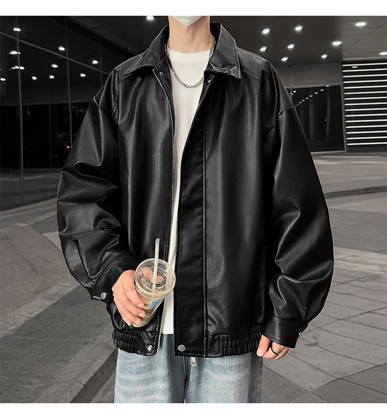 SWAMP AREA Men's Solid Color Leather Jacket, Spring And Autumn Hip-Hop Style Outerwear, American Retro Motorcycle-Inspired Coat, SWC99 Coffee Color, Size L 10