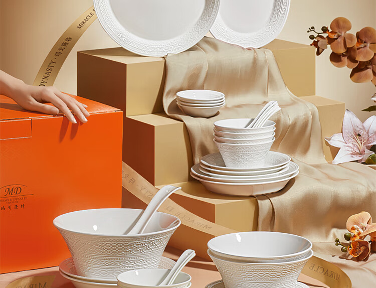Magelongte Bone China Dinnerware Set, High-Quality Bowls And Plates, Pure White Embossed Tableware, Ceramic [Dishwasher Safe] 2