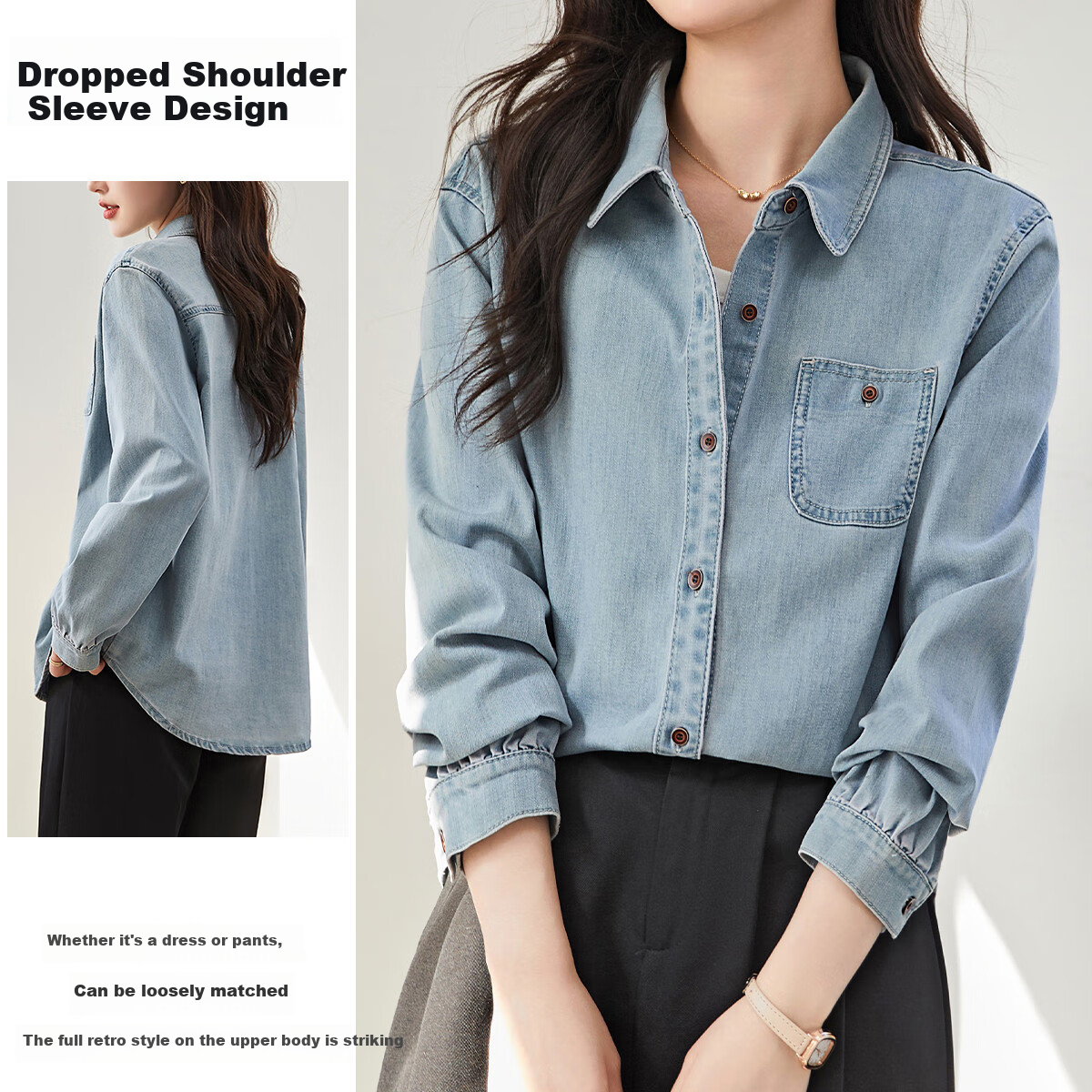 Dme [Vintage Denim Shirt] Spring And Autumn Simple Style Jacket for Women, Loose Long-Sleeve Commuter Shirt, Light Water Blue, M