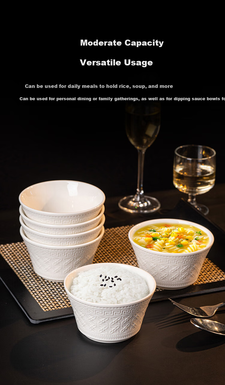 JD Original Rice Bowl, Housewarming Ceramic Tableware Set, Embossed Fen Dan Bai Lu, Bowls 4.5 Inches * 6 2