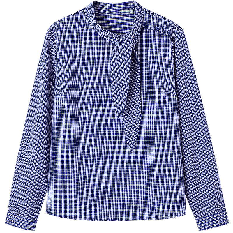 Dme [Pure Cotton Plaid] Autumn Literary Retro Plaid Shirt, Tie-Up Collar, Petite Elegant Blouse, Women's Top
