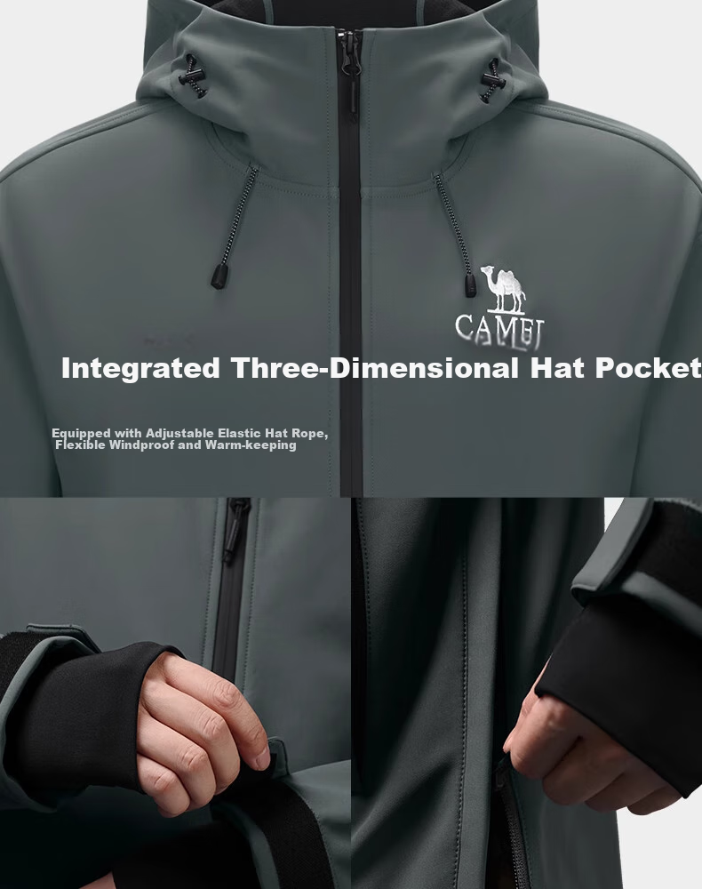 CAMEL Men's Water-Repellent Fleece-Lined Warm Jacket, Soft Shell Coat, Unisex Hooded Top A34CR09667 16