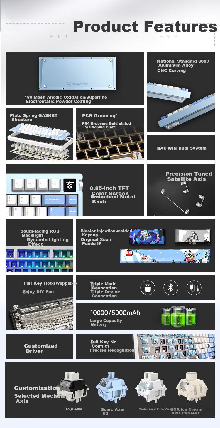 Xuanpai PD75M-V2 Custom Aluminum Mechanical Keyboard Bluetooth Wireless Tri-Mode Gaming Keyboard Aluminum Tuo Tuo Multimedia Color Screen with Knob Sonyke Switch Xiaoxue Xiongmao 2