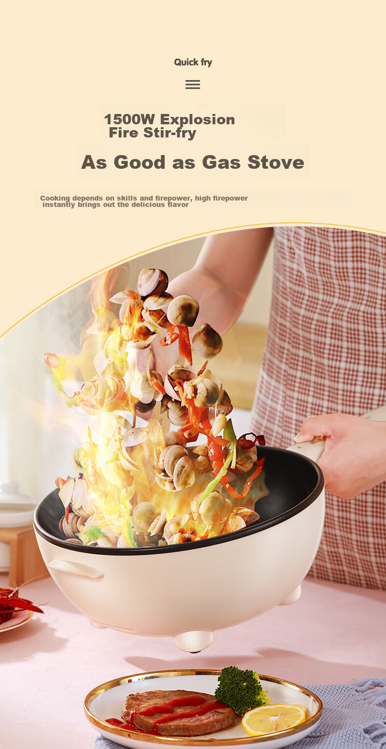 Royalstar Electric Wok, Home Use, 4L Large Capacity, Multifunctional, High Power, All-In for Stir-Frying And Steaming, Electric Cooking Pot, Electric Hot Pot, Electric Steamer, Electric Fire Pot, DCG04W1 with Steamer Basket, Home Appliance 6