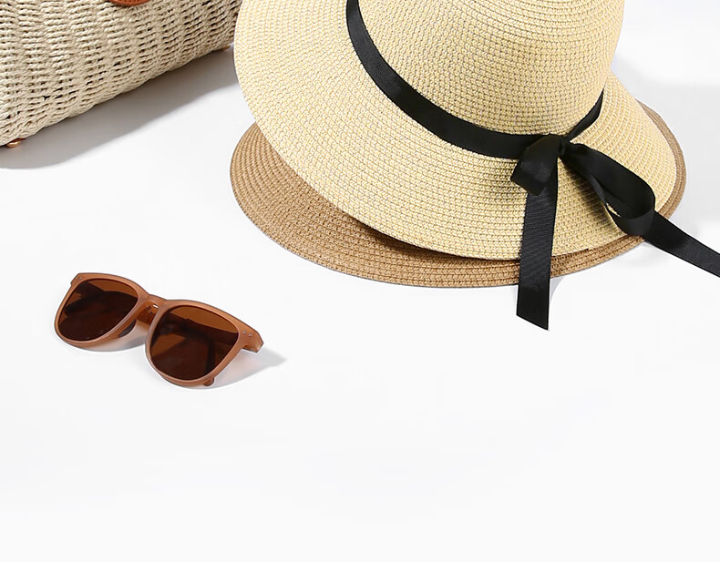 CACUSS Women's Sun Protection Hat, Spring And Summer Straw Hat, Sun Visor, Fisherman Hat, Beach Outdoor Sweet Bow Tie Khaki 14