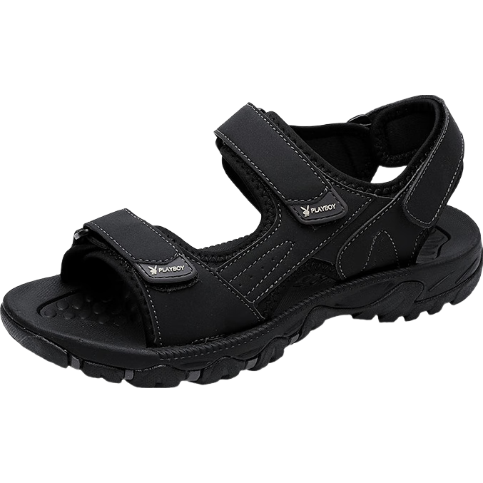 PLAYBOY Men's Sandals, Summer 2025 Breathable Beach Shoes, Korean-Style Perforated Shoes with Velcro Slippers, Black, Size 40