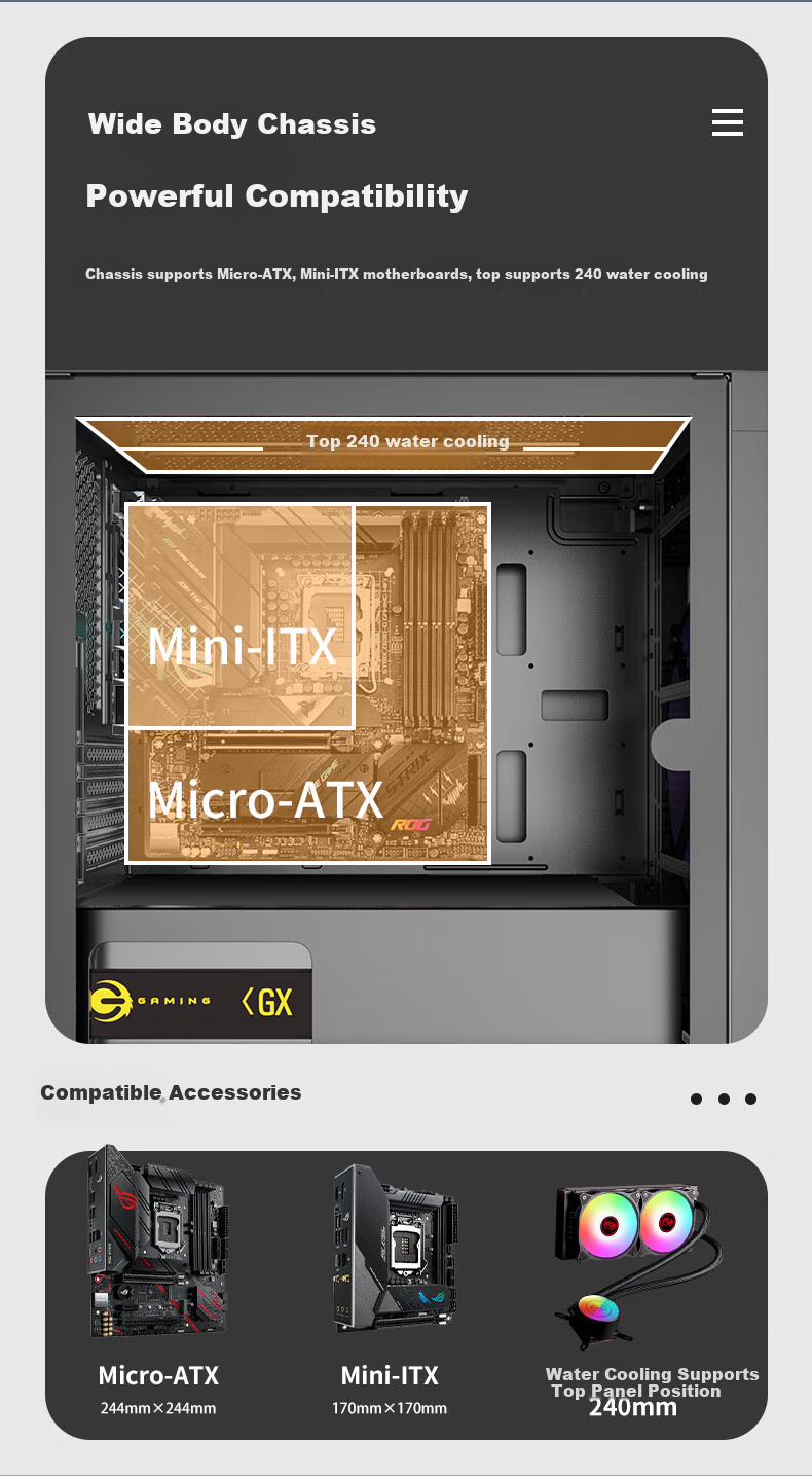 Great Wall Archimedes 2 Black Computer Case (Type-C 3.2/20CM Fan Positions/MATX Small Motherboard/240mm Water Cooling Position/Wide Body/5080 Graphics Card) 3