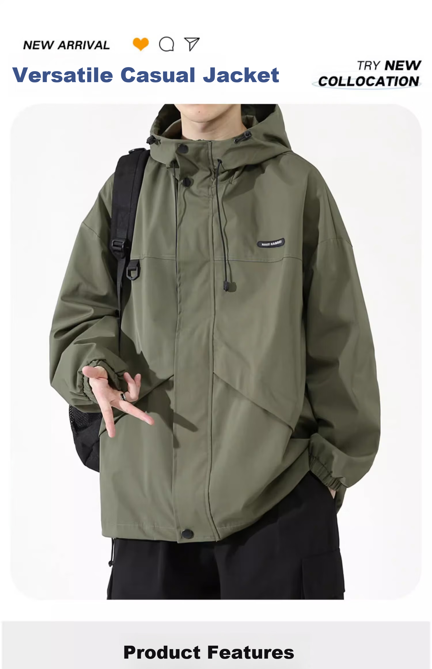 Dingfengbaoluo Men's Jacket, Spring Hooded Casual Workwear, Trendy Mountain-Style Outerwear for Young Men, JK021 Black, Size M 2