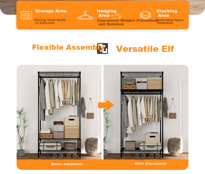 Chuanjing Floor-Standing Clothes Rack, Bedroom Metal Wardrobe Steel Frame, Double-Layer Home Coat Closet Combination Rack, Steel Shelf-Style Wardrobe 8