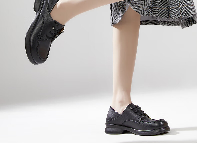 PT'SON Top-Grain Leather Deep-Mouth Flats, 2026 Autumn Retro British Style Leather Shoes, Thick-Soled Height-Increasing Women's Shoes, Black, Size 35 11