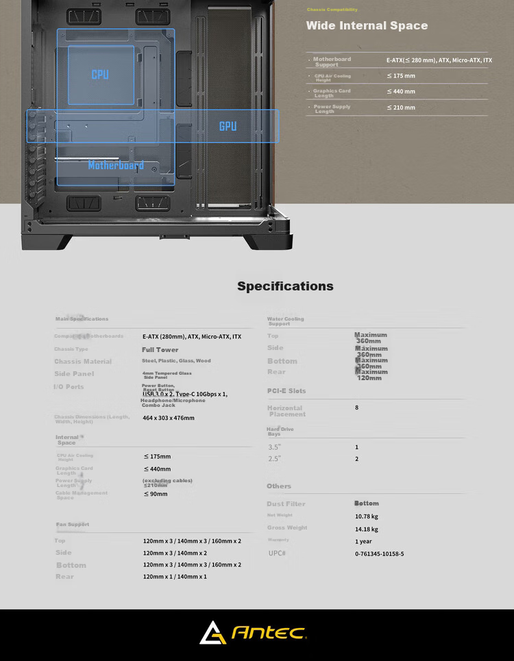 Antec C8 Curve Wood Case Computer Tower / Side-Transparent Panoramic Curved Glass / Wooden Appearance / EATX Gaming / Quick-Release Design / 40 Series Graphics Card 5