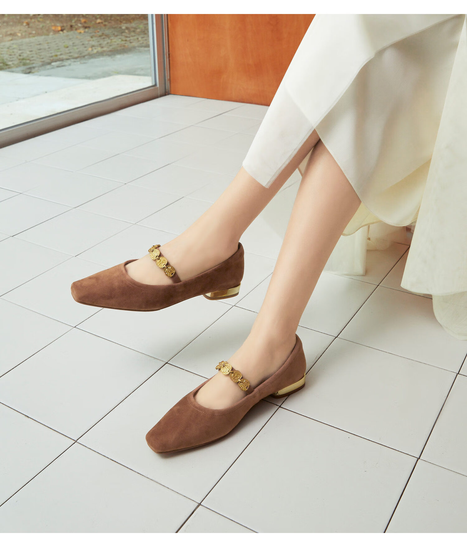 COMELY Low-Heel Mary Jane Shoes for Women, Spring New Style Retro Gold Coin Square Toe Multi-Bead Shoes, Sheepskin Velvet Shoes, Brown, Size 34 7