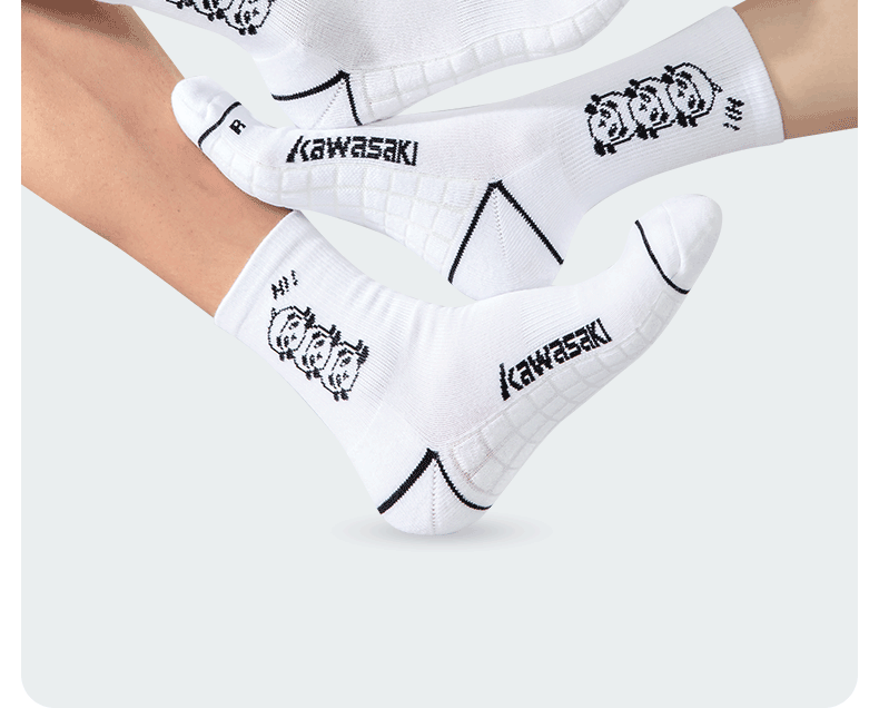 KAWASAKI Thickened Towel Bottom Sweat-Absorbing Sports Mid Socks Panda Series C6372 White/Black 3 Pairs Pack 9