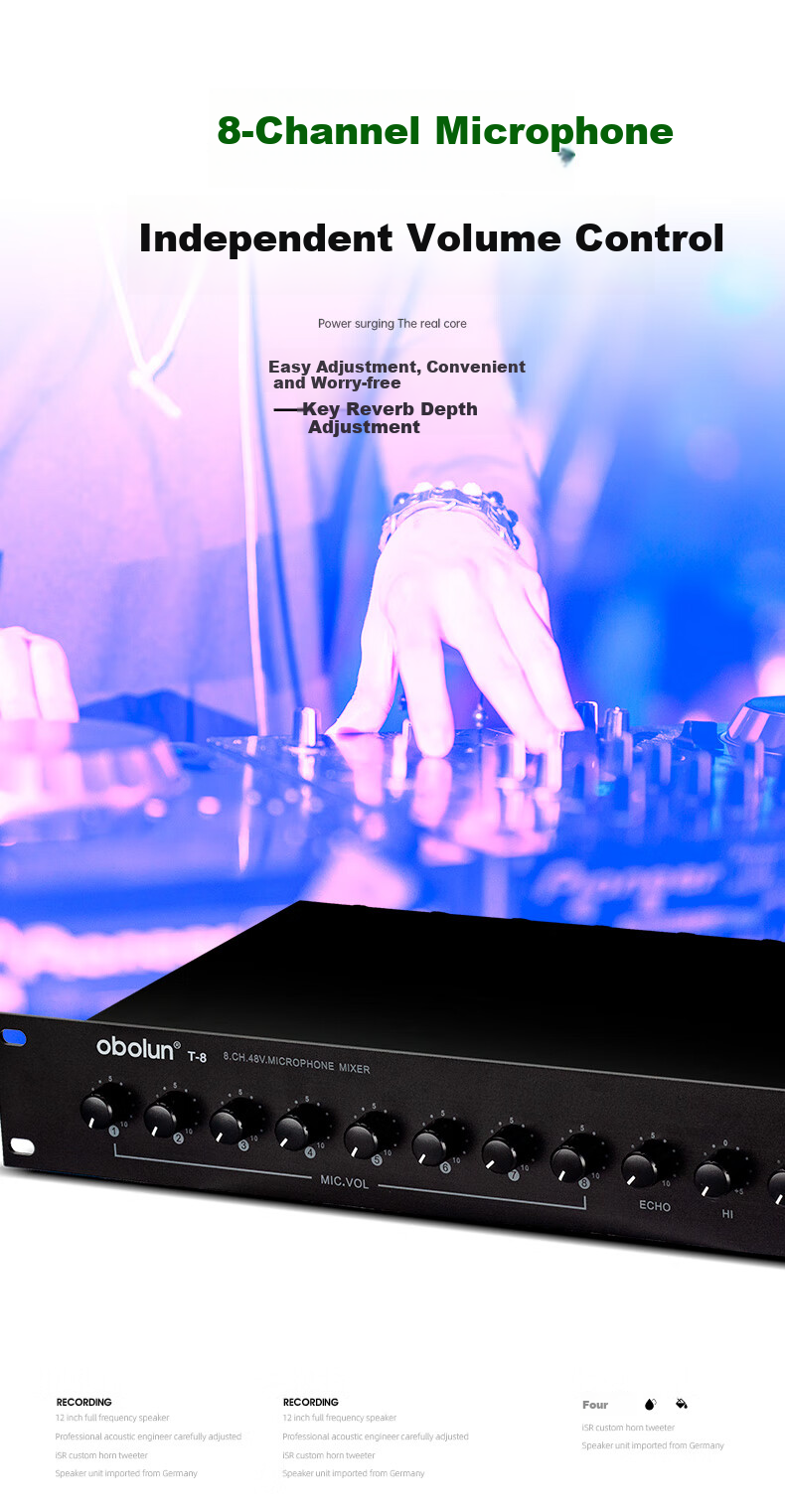 Oulaisheng (Obolun) T-8 Professional 8-Channel Mixer + 48V Phantom Power Microphone Preamp 5