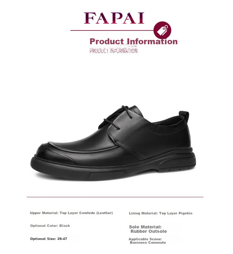 FAPAI Top-Grain Leather Men's Leather Shoes, Height-Increasing Shoes, Men's Business Casual Breathable Oxford Shoes, Derby Shoes, Men's Leather Shoes, Size 43 7