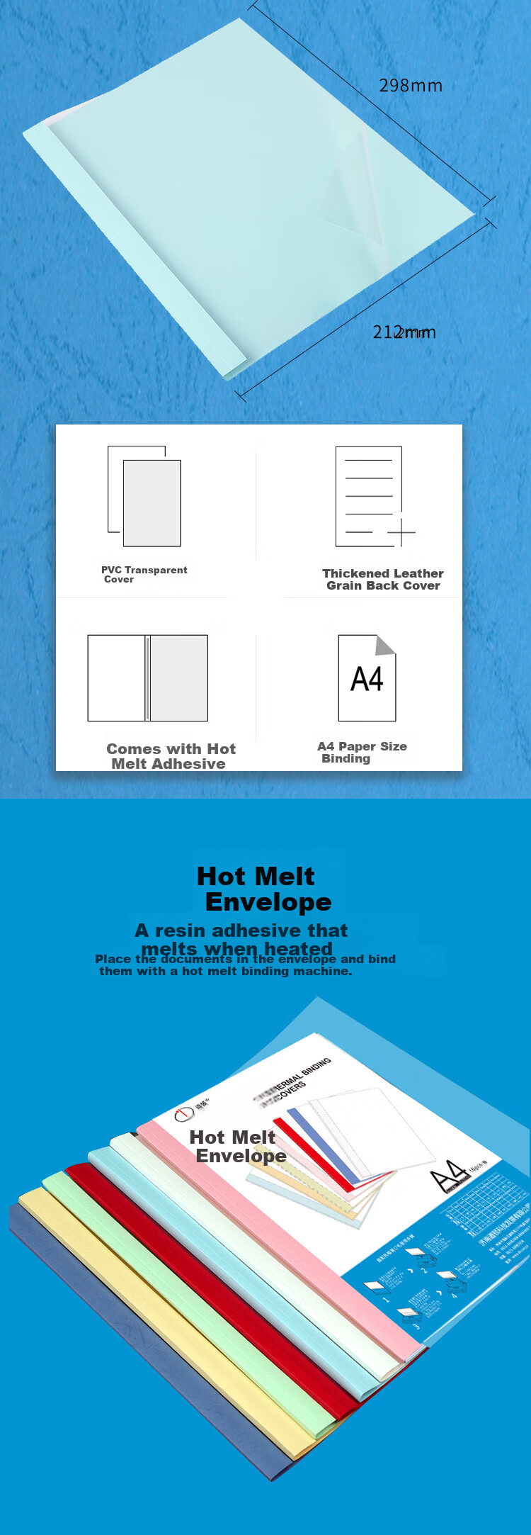 DOCON A4 Sheet Light Blue Transparent Hot Melt Cover, 4mm, 10 Books/pack, for Hot Melt Binding Machine, Plastic Contract Document File Book Cover with Side Glue 1
