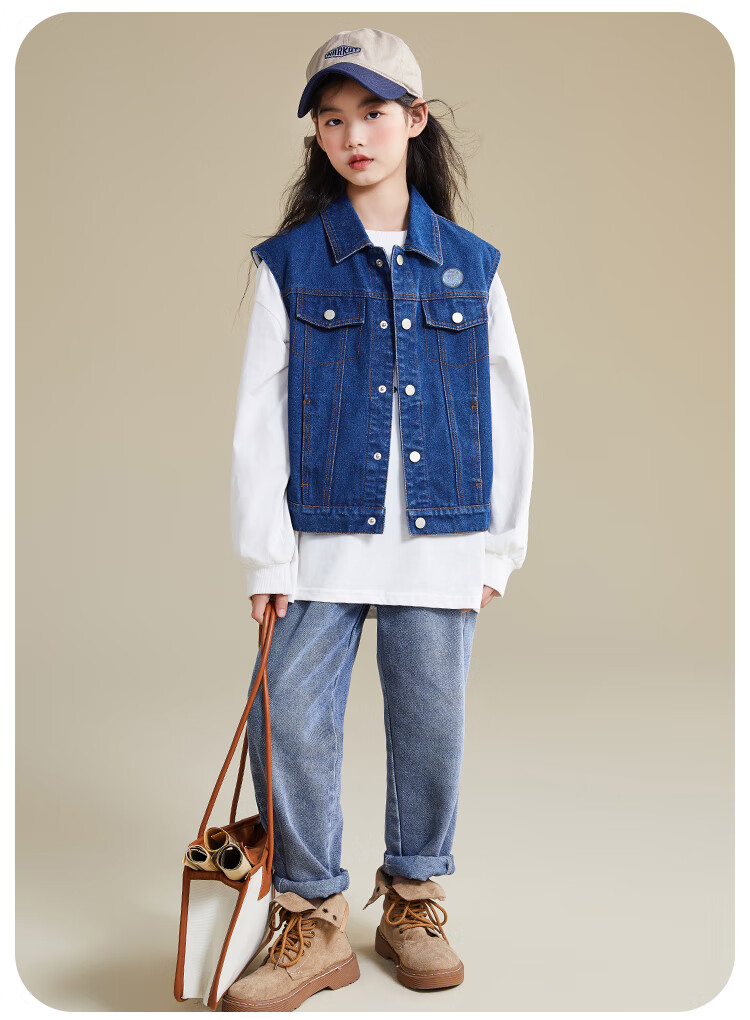 QQ DUCK Children's Denim Vest Girls' Sleeveless Jacket Youth Clothing Classic Vest Navy Blue; 165 8