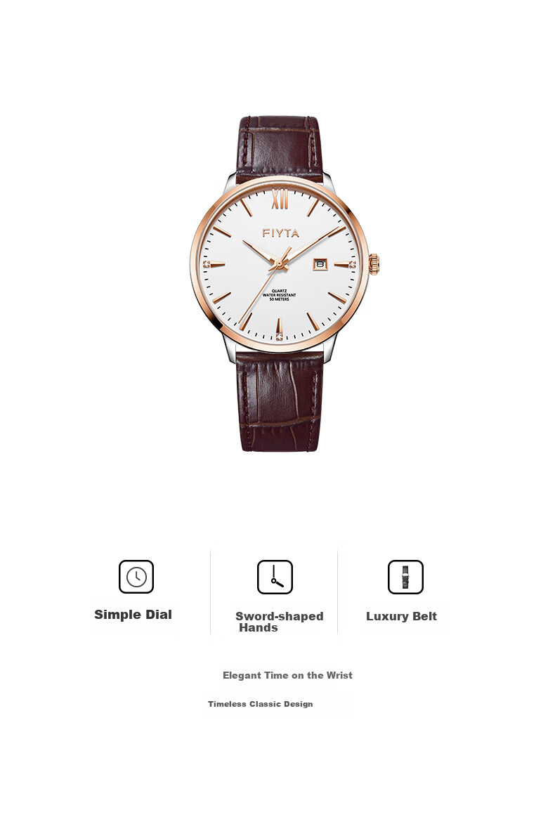 FIYTA Zhuoya Series, Quartz White Dial with Calendar, Brown Leather Strap Business Watch for Men, Birthday And Holiday Gift for Me 2
