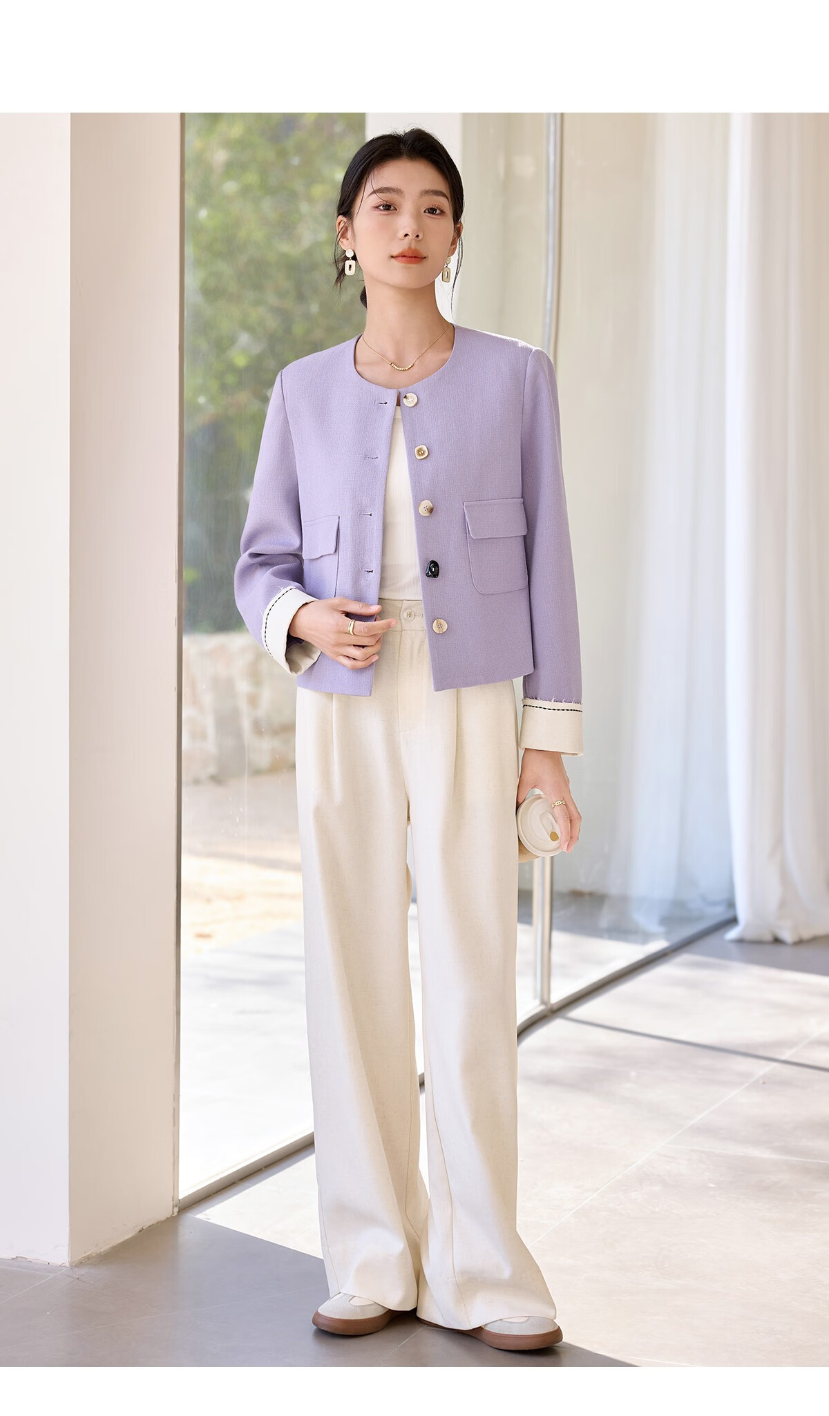 Chushen Women's Short Jacket for Spring And Autumn, Gentle Purple Elegant Chanel-Style Short H-Type Casual Coat for Petite Women S51D035 26