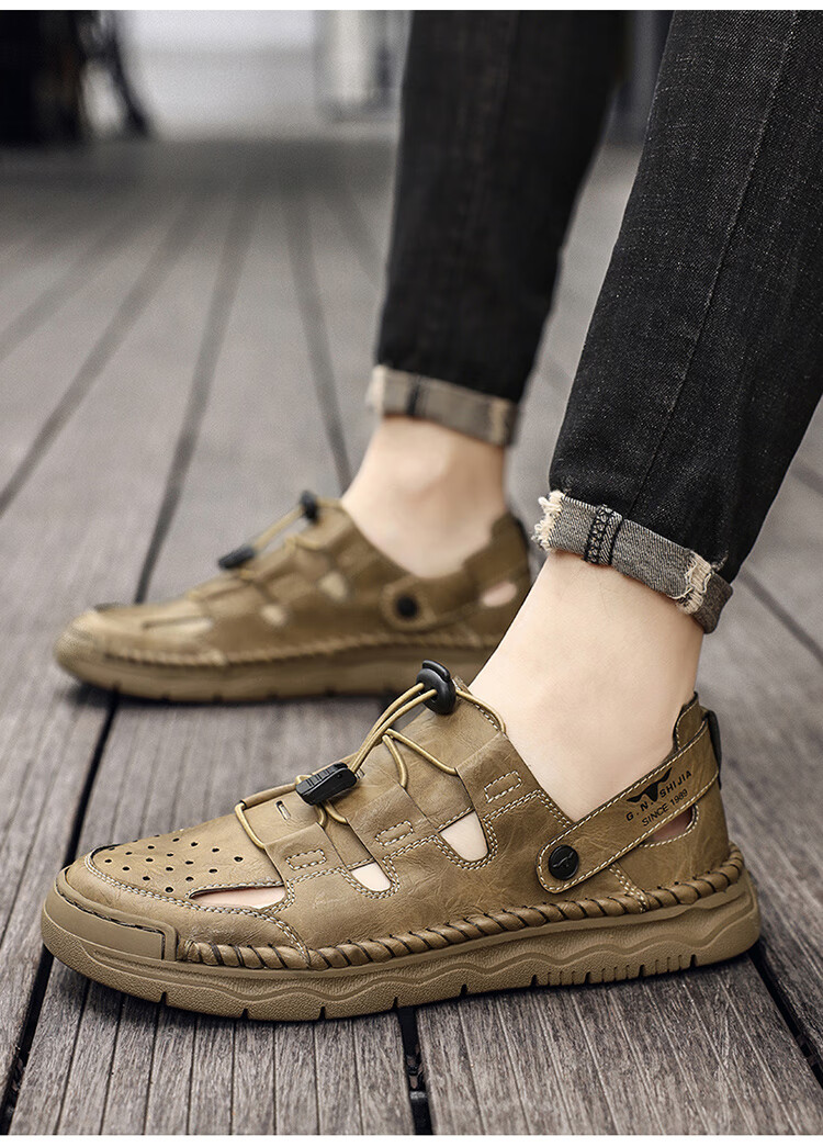 Bull Family Baotou Leather Sandals Men Summer Outdoor Beach Shoes Casual Driving Shoes Black Size 40 13