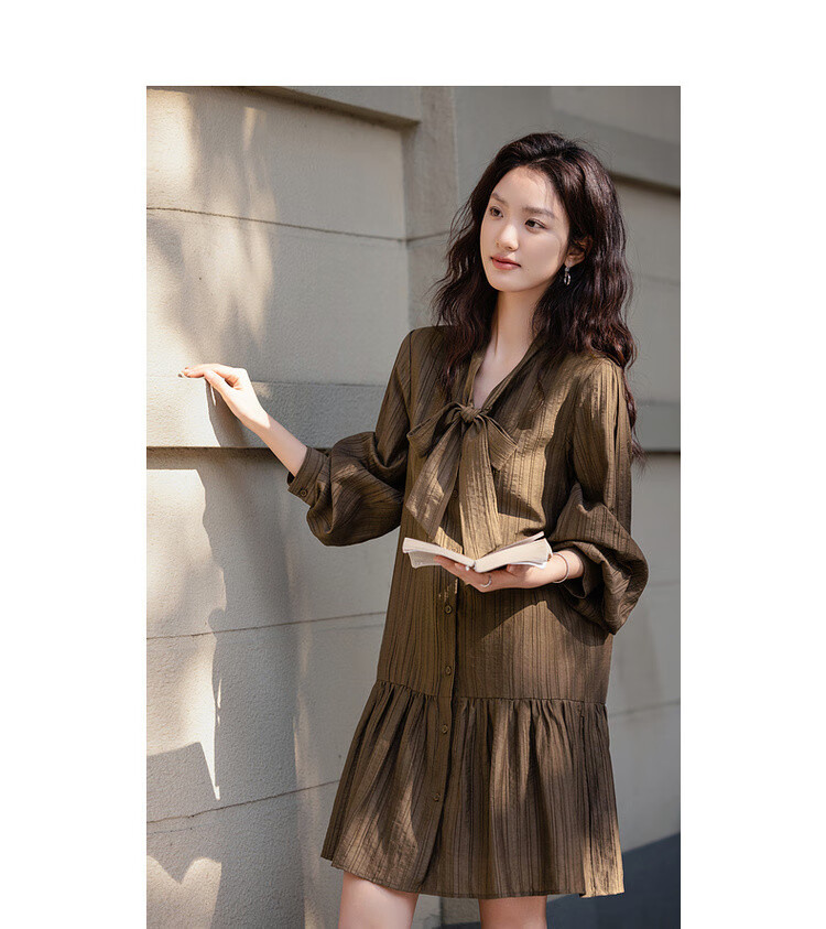 Dme [Moderate Romance] Spring Vintage Style Lyocell Striped Ribbon Button Elegant Midi Dress for Wome 5