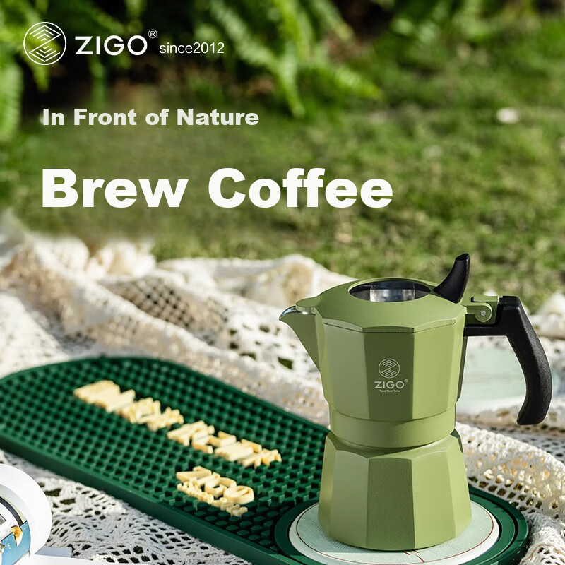 Zigo Double Valve Moka Pot, Italian Espresso Pour-Over Coffee Maker for Home And Outdoor Use, 2 Cups Capacity, Forest Gree