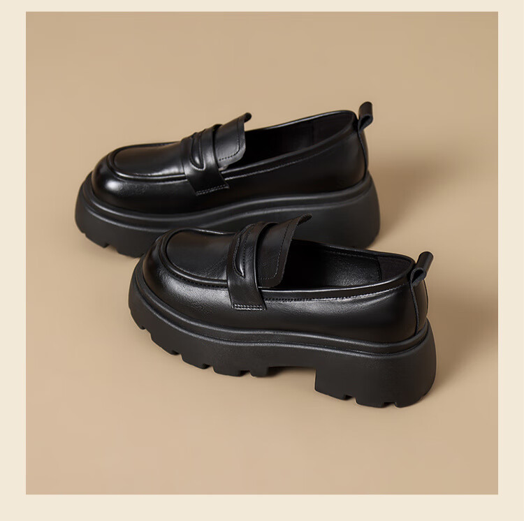 ZHR Thick-Soled Women's Flats, Retro Lightweight Leather Shoes, British-Style Chunky Heel Loafers, Comfortable Commuter Shoes for Women, JF186 Black Size 36 17