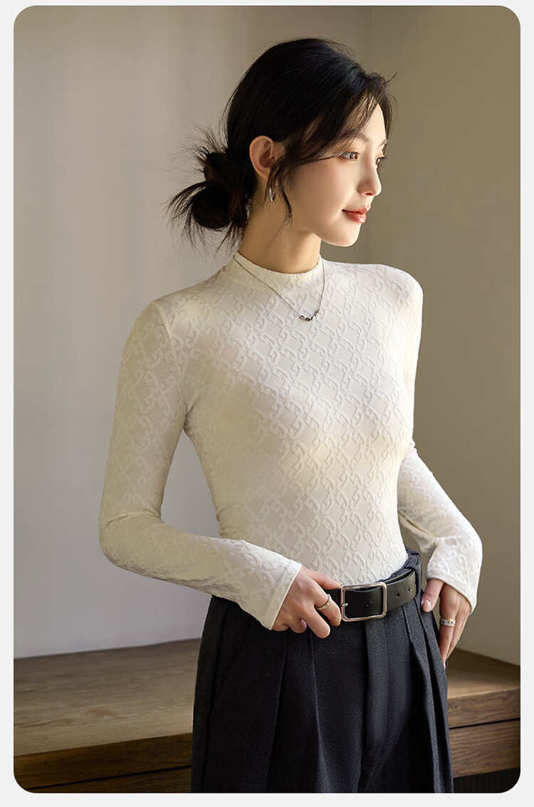 LangSha Base Layer, Spring And Summer Thin Style, Slim-Fit Waist-Cinching T-Shirt for Women, Warm Black And White Color, Slimming Round Neck Inner Wear, Long-Sleeve Top 13