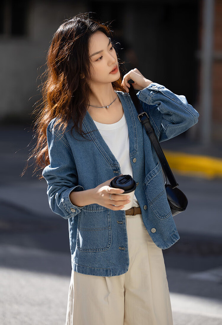 Dme [Cool And Stylish] Spring V-Neck Classic Washed Denim Blue Jacket for Wome 6
