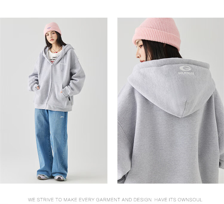GOLFCROSS Couple's Style, 2025 Spring New Arrival, Letter Embroidery Hooded Drawstring Cardigan Sweatshirt, Floral Gray, M 14