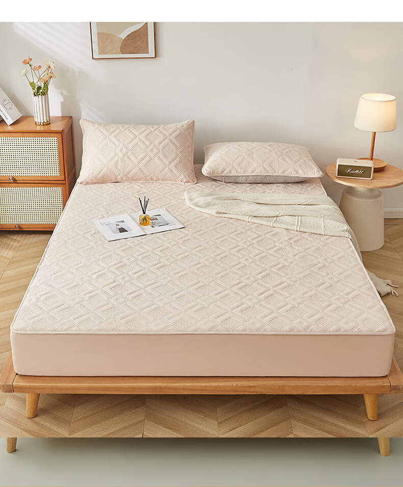 I-WILL Brushed Cotton Double Bed Mattress Protector, Single Piece, Rotating Grid Waterproof Quilted Fitted Sheet, Khaki, 180*200cm 3