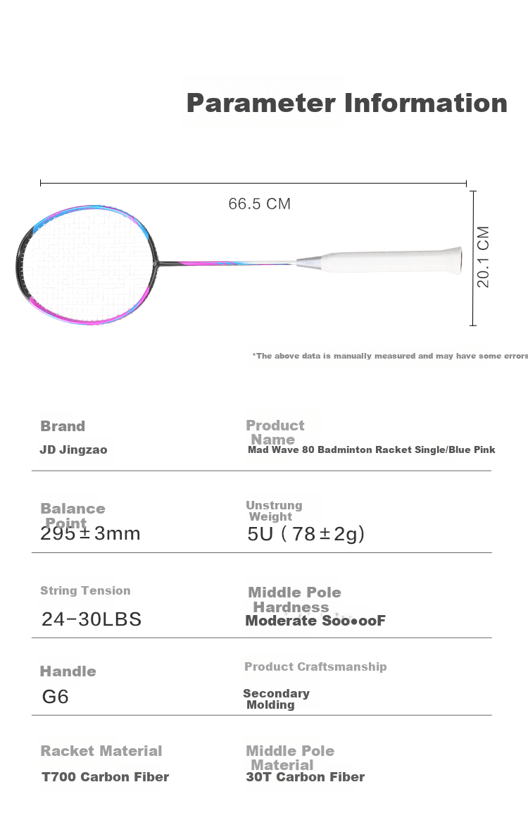 JD Original Kuanglan 80 Badminton Racket, Full Carbon 5U High Tension Single Racket 30 Lbs, Secondary Shaping, Includes 2 Hand Grip Tapes + Racket Case 7