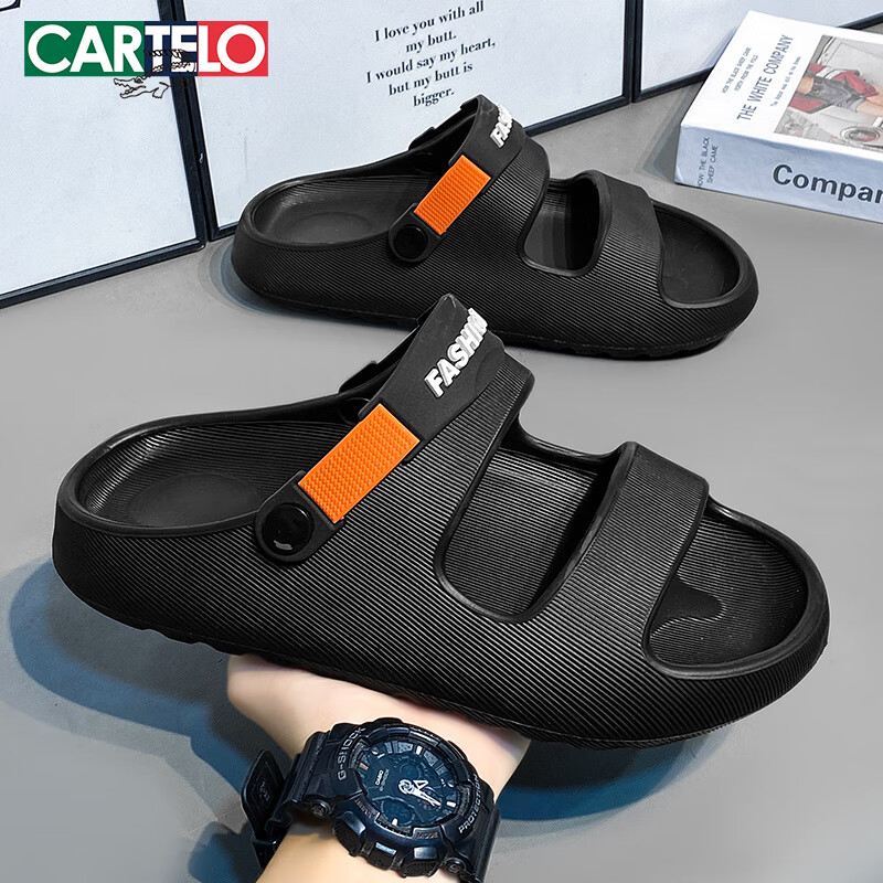 CARTELO Men's Sandals, Summer Casual Breathable Hole Shoes, Fashionable Two-Way Beach Shoes for Men, 1572 Black And Orange, Size 42-43