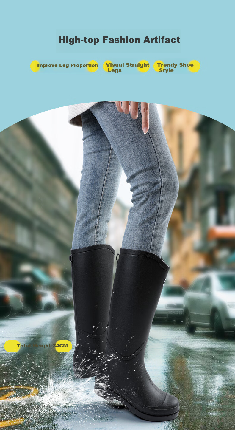 FOOTOPPO Tall Rain Boots for Women, High-Top Waterproof Shoes, Non-Slip Rubber Boots, Adult Waterproof Tall Rain Boots 8