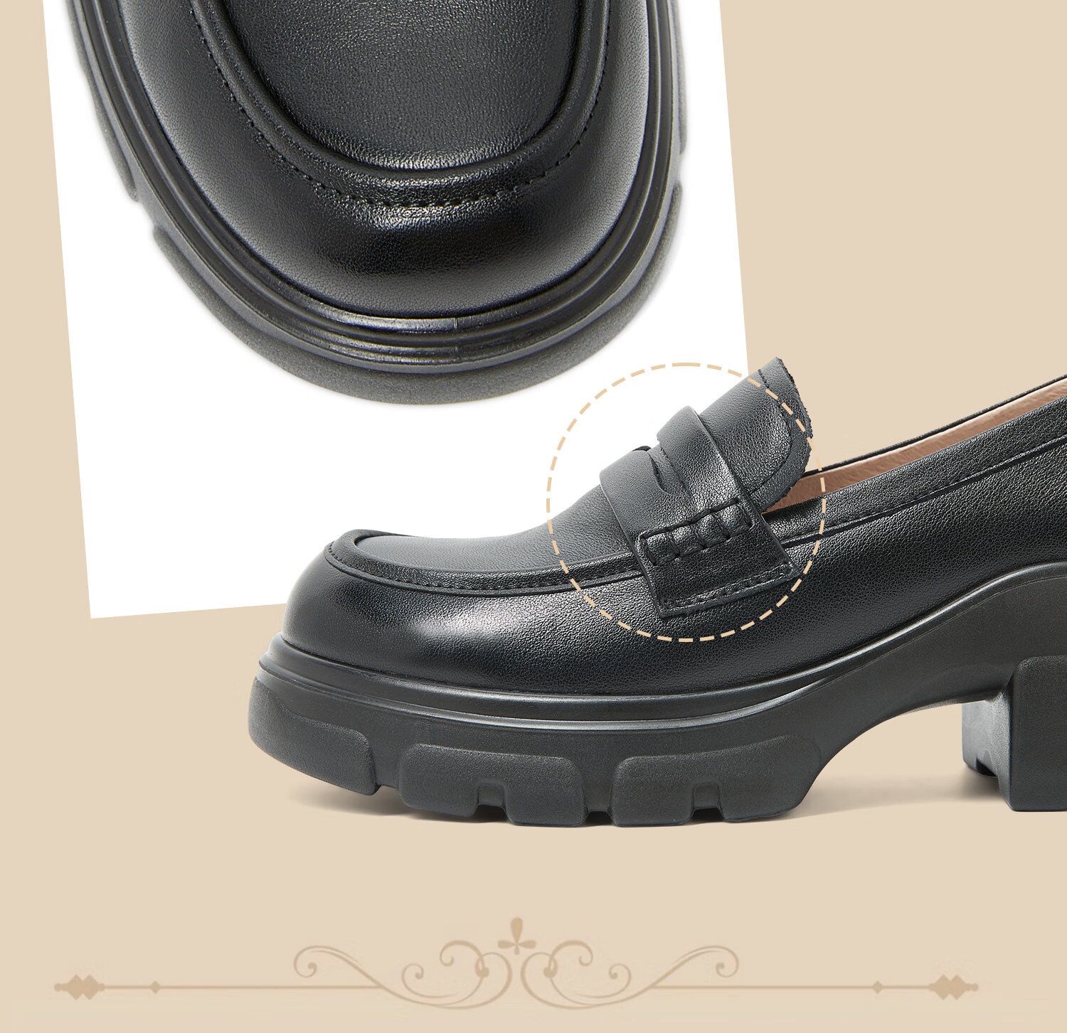 COMELY Leather Thick-Soled Loafers for Women, Spring New Style Genuine Leather Classic Retro Slip-On Leather Shoes, Beige, Size 36 6