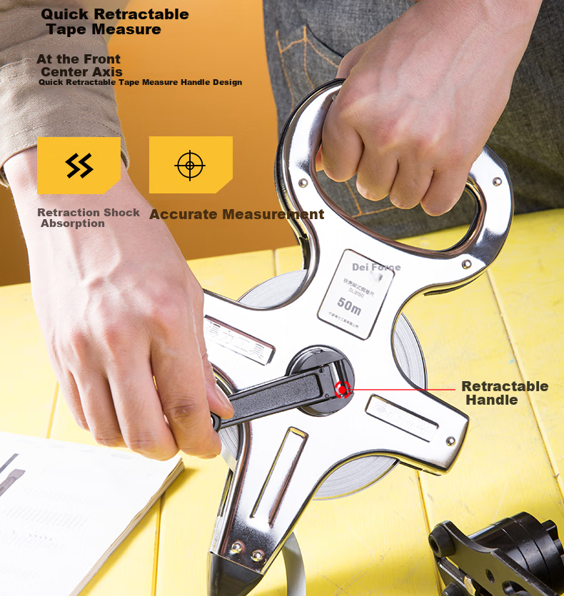 Deli Frame-Style Handheld Measuring Tape, Steel Reel Tape Measure for Engineering Measurement, 100m*12.5mm 4
