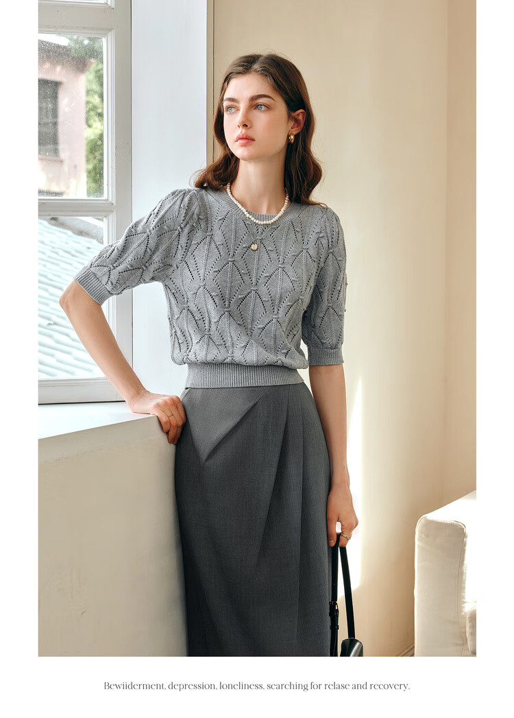Olrain Eurier Summer Commuter Knit Pullover Top with Hollow Design Gray (New Batch) S 11