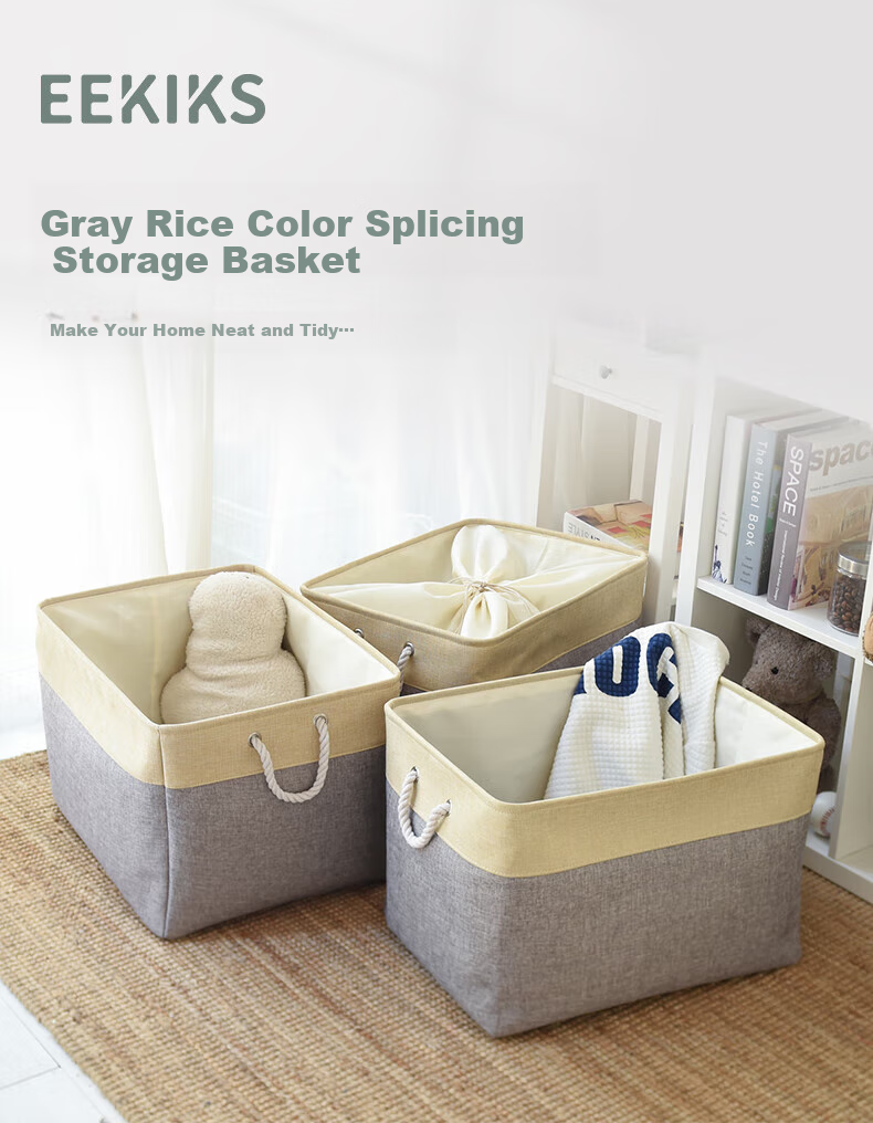 EEKIKS Storage Basket Laundry Hamper, Cotton Linen Blue Medium Size 1