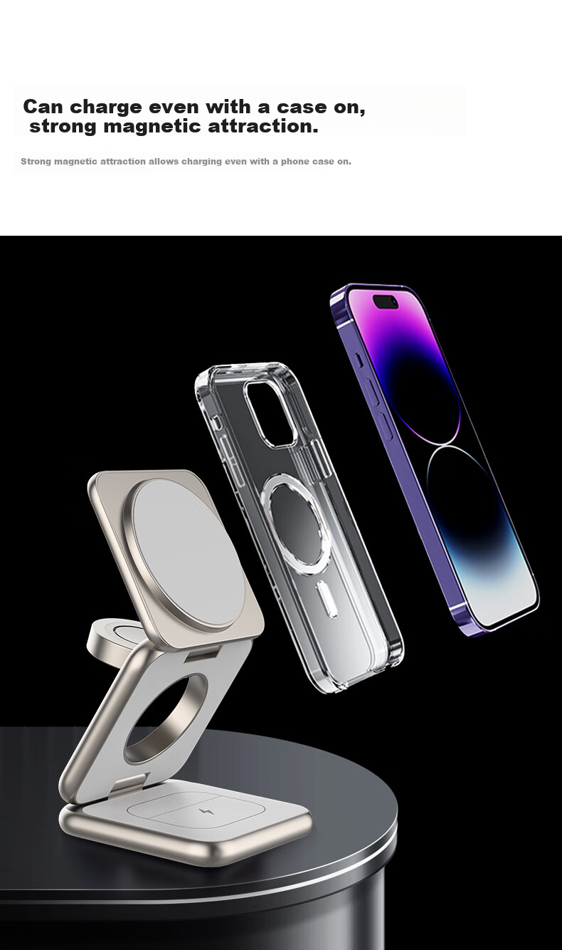 Jingshan Foldable Three-In Wireless Charger, 15W MagSafe Magnetic Stand, Portable Travel, for Apple IPhone, Earphones, IWatch, AirPods, Fast Charging Statio 3