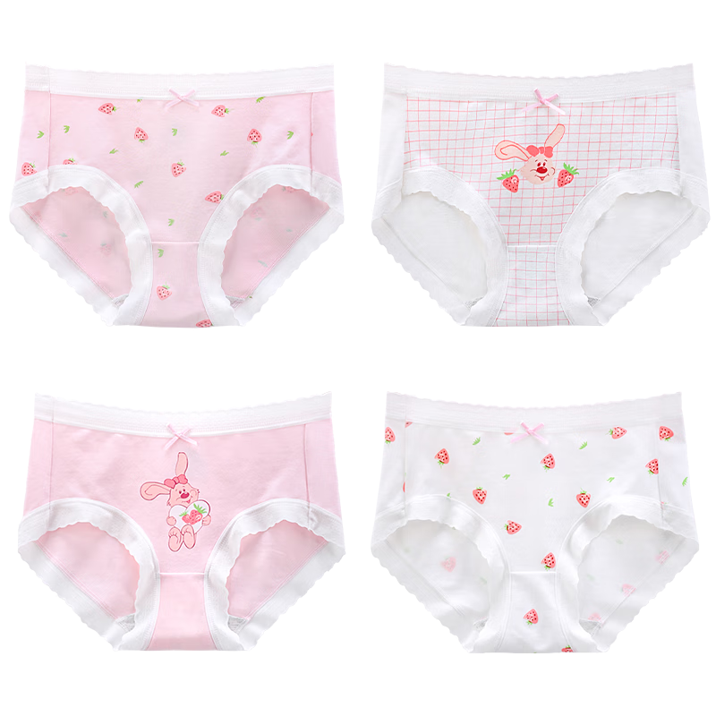 Ailier&ouluola Children's Underwear for Girls Aged 6-12, Pure Cotton Triangle Panties, No Wedgie, for Elementary School Students in Puberty, Four-Pack, Size L