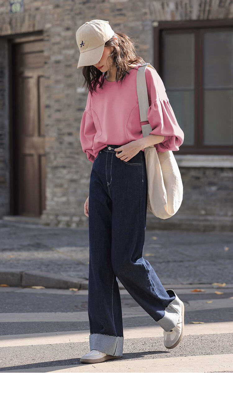 Dme [Raspberry Pink Short Puff Sleeve] Autumn Round Neck Drop Shoulder Puff Sleeve Plus Size Split Design Sweatshirt 14