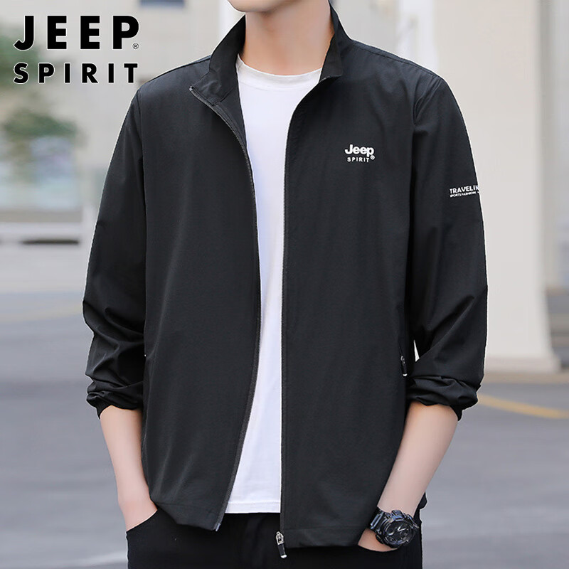 JEEP SPIRIT Men's Sun Protection Jacket, Summer Ice Silk Breathable Quick-Dry Coat, Outdoor Lightweight Jacket Clothing, Black, 2XL