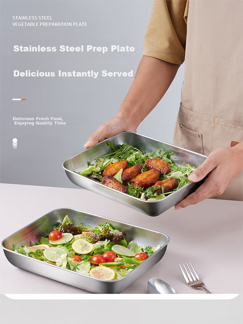 BJ [Extra Large] Stainless Steel Rectangular Food Storage Container, Extra Thick Tray for Cold Dishes And Barbecue with Lid, Set of 6 1