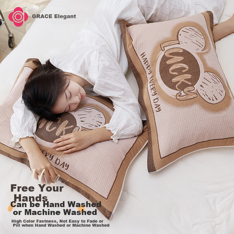 Grace 7A Antibacterial Four-Layer Breathable Extra Large Thick Gauze Pillowcase, Childhood Memories - Coffee, 78*52cm, One Pair