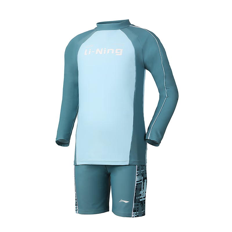 Li-Ning Children's Swimwear, Boys' Long-Sleeve Sun Protection Two-Piece Surfing Suit, Patterned Swim Trunks, Hot Spring Swimming Gear, 8103 Green, Size 170