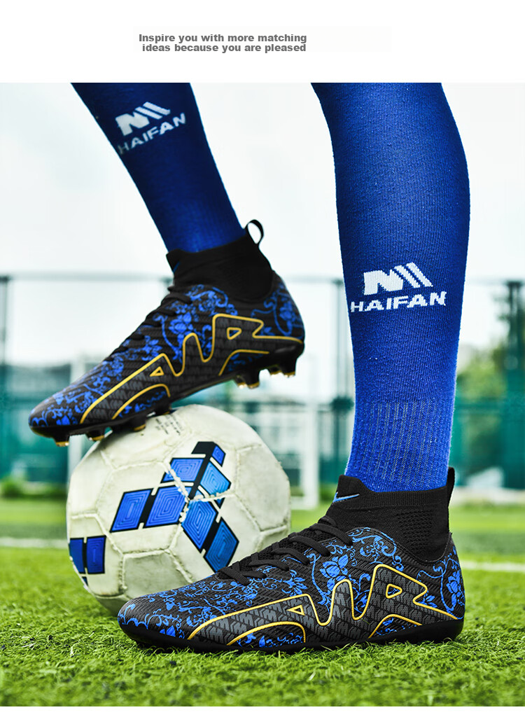 Double Star Bate Men's FG Soccer Shoes High-Top Training Shoes Professional Artificial Grass Adult Match Black Blue Size 44 9